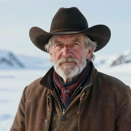 portrait of an old cowboy in the arctic, art by christian ward