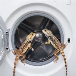 two lizards arguing with a washing mashine