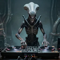 HR Giger alien DJing with DJ turntables