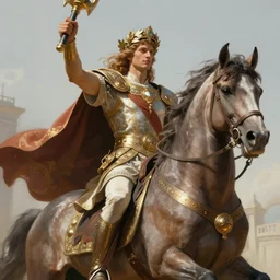 an ancient handsome hero, laurels of glory, returns triunphantly mounted in a horse. full of pride. victorirous. prideful.. intricate, elegant, highly detailed, digital painting, artstation, concept art, sharp focus, illustration, by justin gerard and artgerm, 8 k