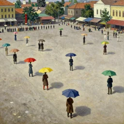 dahomey officials with flat colorful umbrellas in ahomey's huge main square, from above, 1905, brightly colored, highly detailed, oil on canvas, by ilya repin