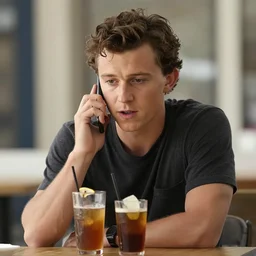 tom holland trying to order on phone a drink