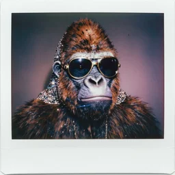 super awesome head to shoulder portrait colored polaroid film photograph of a vaporwave gorilla wearing aviator shades. wearing bling from the hood. super classy. stylish. super resolution. extremely detailed. polaroid 6 0 0 film. by annie leibovitz and richard avedon