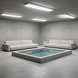 upholstered sofas fluorescent ceiling lighting in a large minimalistic concrete room with rectangular water feature in the center, a tilt shift photo by leandro erlich, featured on cg society, kitsch movement, hall of mirrors, high dynamic range, studio portrait