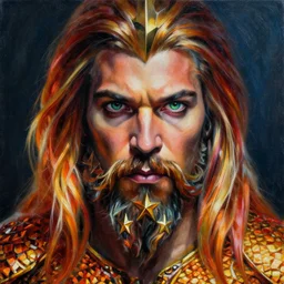intricate five star portrait of aquaman, oil on canvas, hdr, high detail, photo realistic, hyperrealism, matte finish, high contrast, 3 d depth, centered, masterpiece, vivid and vibrant colors, enhanced light effect, enhanced eye detail, artstationhd