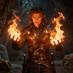 fantasy art, male human mage in leather armor with an angry expression, conjuring fire between his hands, cave background