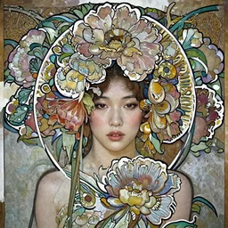 a portrait of a very beautiful Asian young woman with giant flowers behind her head, in the style of WLOP and  Alphonse Mucha and Ross Tran, realistic, seductive, closeup, facing the camera, dramatic lighting