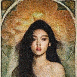 a portrait of a very beautiful Asian young woman with giant flowers behind her head, in the style of WLOP and  Alphonse Mucha and Ross Tran, realistic, seductive, closeup, facing the camera, dramatic lighting