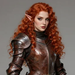 leather armor beautiful and elegant curly red hair female elf gorgeous ayes character concept art, sharp focus, octane render! unreal engine 5! highly rendered!! trending on artstation!! detailed linework!! illustration by artgerm, wlop, and chie yoshii