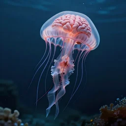 hyper realistic jellyfish with an anatomical brain, detailed, digital art, underwater, horror