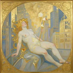 ice cream spirit lost in a metropolis. this art noveau gouache and gold leaf painting has a beautiful composition.