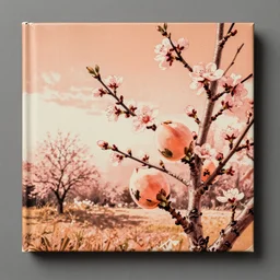 vintage color halftone album artwork peach and blossom illustration, nostalgic high saturation, HD sharp image, grey background