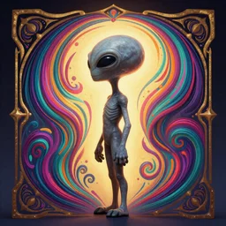 full body profile painted cartoony portrait, grey alien light eyes, d & d, gloomhaven, matte painting concept art, art nouveau, beautifully backlit, swirly vibrant color lines, fantastically gaudy, aesthetic octane render, 8 k hd resolution, by ilya kuvshinov and cushart krentz and gilleard james