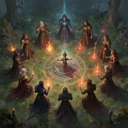 mages in circle, summoning from the evil realm, aerial view. fantasy, digital painting, hd, detailed.