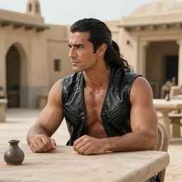 muscular man sitting at table on tatooine, wearing a black black leather vest vest, no shirt, shirtless, long black hair in a ponytail 9 9 9 9 9 9