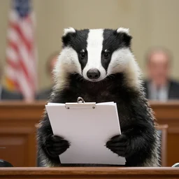 Badger holding a clipboard addressing congress