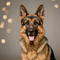 An extremely wholesome studio portrait of a happy German Shepherd dog, bokeh, 90mm, f/1.4