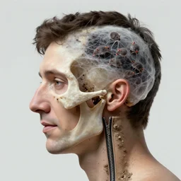 a profile portrait of justin trudeau with translucent skin, visible cranial cavity, opening in skull, zipper, inside head cobwebs, dust and rats, digital art, highly detailed, by david cronenberg, raphael, caravaggio