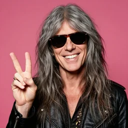 portrait of a singer with sunglasses and long grey hair smiling while doing a peace sign, long face, slightly curly hair, rockstar, vibrant colors, by norman rockwell