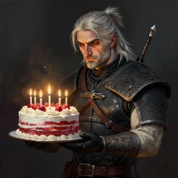a digital painting of the witcher holding a birthday cake, hyper realistic, very detailed, trending in artstation, epic scene, dramatic lighting, matte painting,