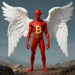landscape bitcoin satan with red skin and white angel wings by beeple digital art award winning nft 2 0 2 0 collection