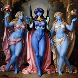 trinity of blue - skinned evangelion anime characters as godesses and gods, classical roman renaissance painting scene, baroque fantastical greek art wall fresco, cyberpunk, movie still, eva poster ova, high quality, golden ratio, cycles, very colorful, blasphemous orthodox icon
