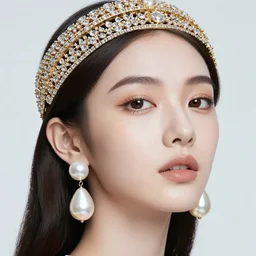 absurdly beautiful, fashionable young woman with clear white skin, wearing a headdress made from diamonds and gold, wearing large earrings made from pearls, in the fourth dimension, psychedellic, ayahausca, tryptamine, hyperdetailed illustration by irakli nadar and alexandre ferra, intricate linework, unreal engine 5 highly rendered, global illumination, radiant light, detailed and intricate environment