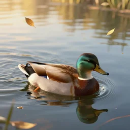 a cool ducks swimming on a river, with leaves blowing up, golden hour time, high - resolution, digital art, trending on artstation