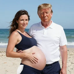 Donald trump showing off his pregnant belly at the beach, he is squinting at the camera