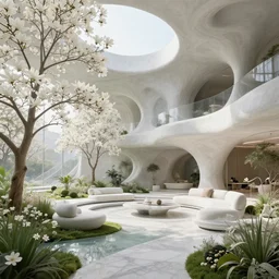 highly detailed villa garden natural beautiful light interior soft cinematic composition of a biophilic concrete nebula fluid white magnolias surreal scifi architecture cyberpunk giger minimalist landscape, furniture, trees, grass, bed of flowers, water, marble, vincent callebaut composition, 8 k, unreal engine, hdr