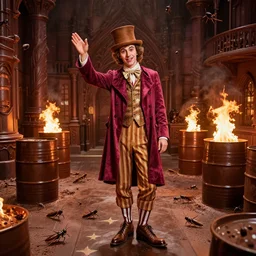 klaus schwab dressed as willy wonka, in chocolate factory, swarms of locusts, fire barrels, gothic