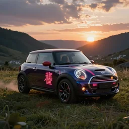 sci - fi flying mini cooper made from dark glass and plastic surfaces with neon kanji decals in the style of bladerunner, side lights, studio lighting, octane render, background a grass at sunset in a valley