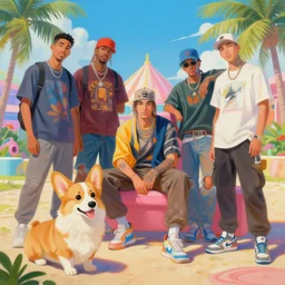 beautiful painting of hiphop solarpunk summertime chill with corgi, by james jean, rolf armstrong, james c. christensen, lise deharme, gaston bussiere, j. c. leyendecker, craig mullins. trending on artstation, 8 k, masterpiece, graffiti, intricate detail, golden ratio illustration, face enhance