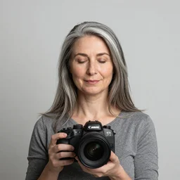 woman with grey hair, peaceful expression, medium shot, canon eos r 3, f / 1. 4, iso 2 0 0, 1 / 1 6 0 s, 8 k, raw, unedited, symmetrical balance, in - frame