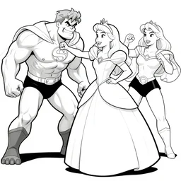 princess superhero punching a monster, disney, marvel, xmen, dc, cape superhero, tiara dress, in the coloring book style, black and white,