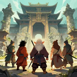 a dwarf ninja heroes facing an ancient temple, illustrated by trent kaniuga