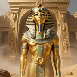 an anthropomorphic beautiful ultradetailed pharaoh lost world in a desert, gold, mist, fog,, dungeon temple gate, lower view, fine art, award winning, intricate, elegant, sharp focus, octane render, hyperrealistic, cinematic lighting, highly detailed, digital painting, 8 k concept art, art by jamie hewlett and z. w. gu, masterpiece, trending on artstation, 8 k