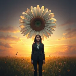 giant daisy flower head, frontal, a girl in the suit, surreal photography, sunrise, dramatic light, impressionist painting, digital painting, artstation, simon stalenhag