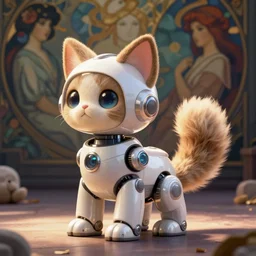 product photo of a futuristic stylized pet robot, kitten puppy teddy mix, cute robot face, kindchenschema, large ears, large tail, by artgerm and greg rutkowski and marc newson, alphonse mucha, zaha hadid, side view, volumetric light, detailed, octane render, midsommar - t