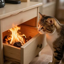 hd photograph of cat peering into a drawer filled with fire