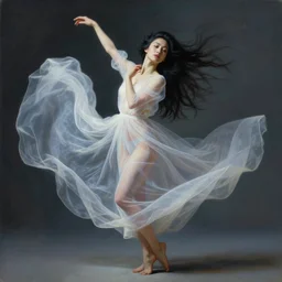 painting of a beautiful woman with her translucent dress blowing in the wind, modern dancing, highly detailed, by victo ngai, surreal, dramatic lighting, moebius