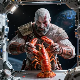 kratos from the god of war videogame eating a whole lobster in the international space station