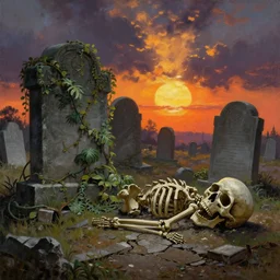 jungle vines, big graveyard gravestones, skeleton corpse, oversized destroyed skull on ground, dramatic sky, ground broken, strong backlight, dramatic sunset, oil painting landscape by frazetta