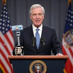 president string marionette with puppeteer in a podium giving a press conference