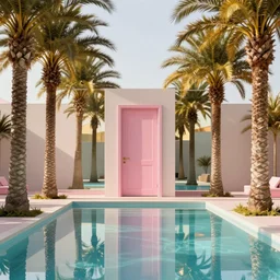 indoor liminal space, golden light, greg rutkowski, palm trees, pink door, minimalistic, hyperrealistic surrealism, award winning masterpiece with incredible details, epic stunning, infinity pool mirrors, a surreal vaporwave liminal space with mirrors, highly detailed, trending on artstation, artgerm and greg rutkowski and alphonse mucha, daily deviation