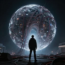 dyson sphere program, by greg rutkowski, by rhads, by jesper ejsing, so many wires, in style of arcane, sharp focus, man standing