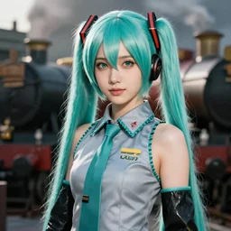 Hatsune Miku as hermione on the hogwarts express, background: battle scene, clear makeup, clean hair, dry skin, clear skin, airbrushed, bright eye makeup, warrior body, photo by mario testino, 8k octane render, cinematic, hyper detailed, micro details, insanely detailed, trending on artstation, concept art
