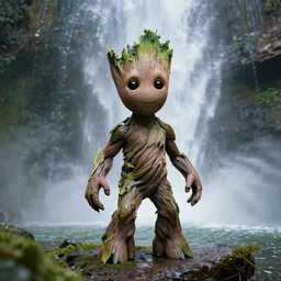 photorealistic wide shot portrait of Groot, under waterfall, octane render, unreal engine 4k, volumetric lighting, fog, detailed