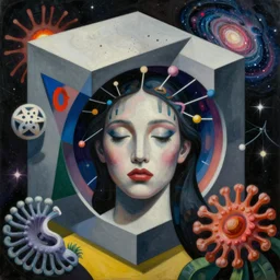 an extremely high quality hd surrealism painting of a beautiful cubism 4d hyperspace soul quantum dimension neural wormhole supercluster galaxy supernova anenome by Joan miro and man Ray,4k, ultra realistic, super realistic, shadows, depth, surrealistic