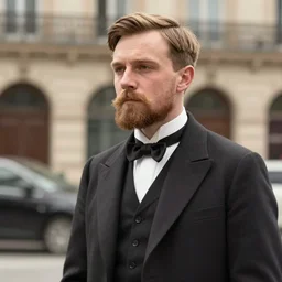 clean shaven mcgregor is dressed as a gentleman at early 2 0 th century paris. he is watching an easel. that easel has a canvas on it. ewan mcgregor has a brush on his hand. he is painting a painting. there is a small brown cat with yellow eyes on ewan mcgregors feet. on background has river seine, morning sun, golden lights, dark clouds, lightning, by enki bilal